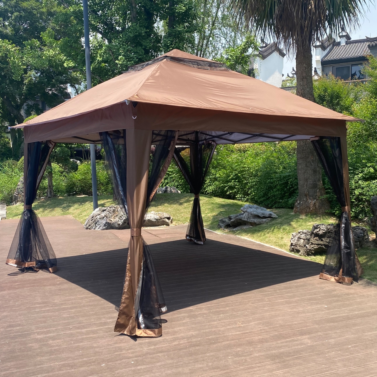 Streamdale Furniture Pop Up Gazebo Canopy With Netting, 2-Tier Soft Top Tent, 11x11FT,- Brown