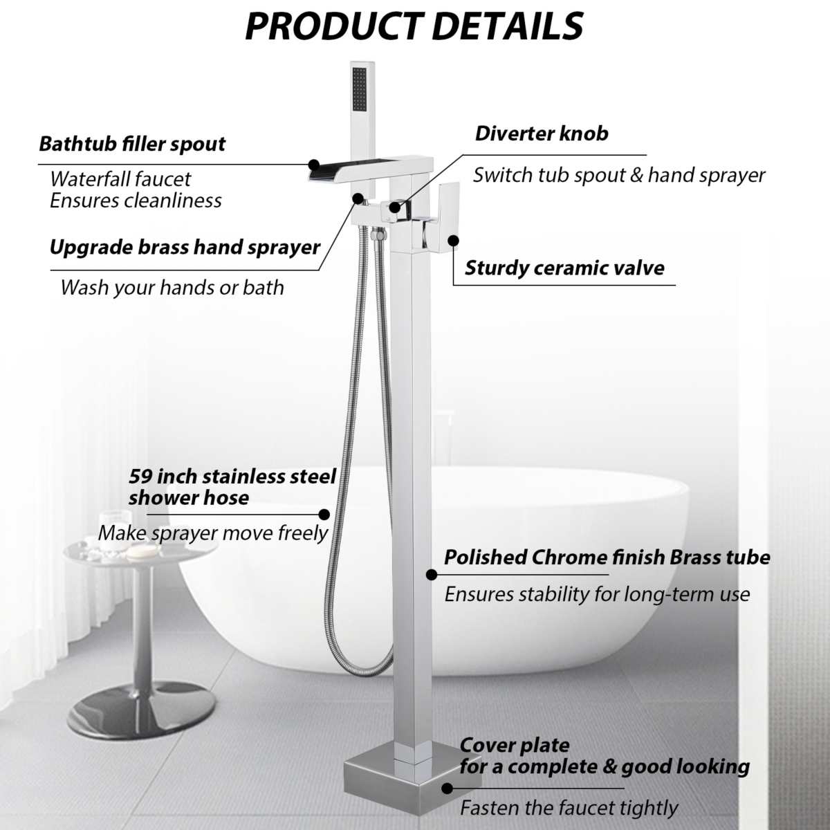 Streamdale Furniture Bathroom Freestanding Waterfall Tub Filler Matte Black Floor Mount Faucet With Hand Shower