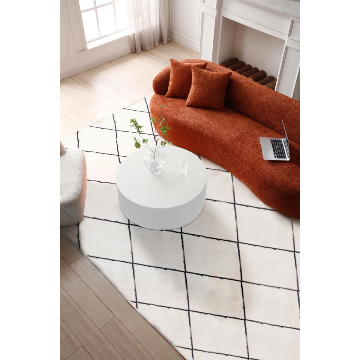 Simplie Fun Contemporary Round Coffee Table with Handcrafted Relief, 35 inch, White