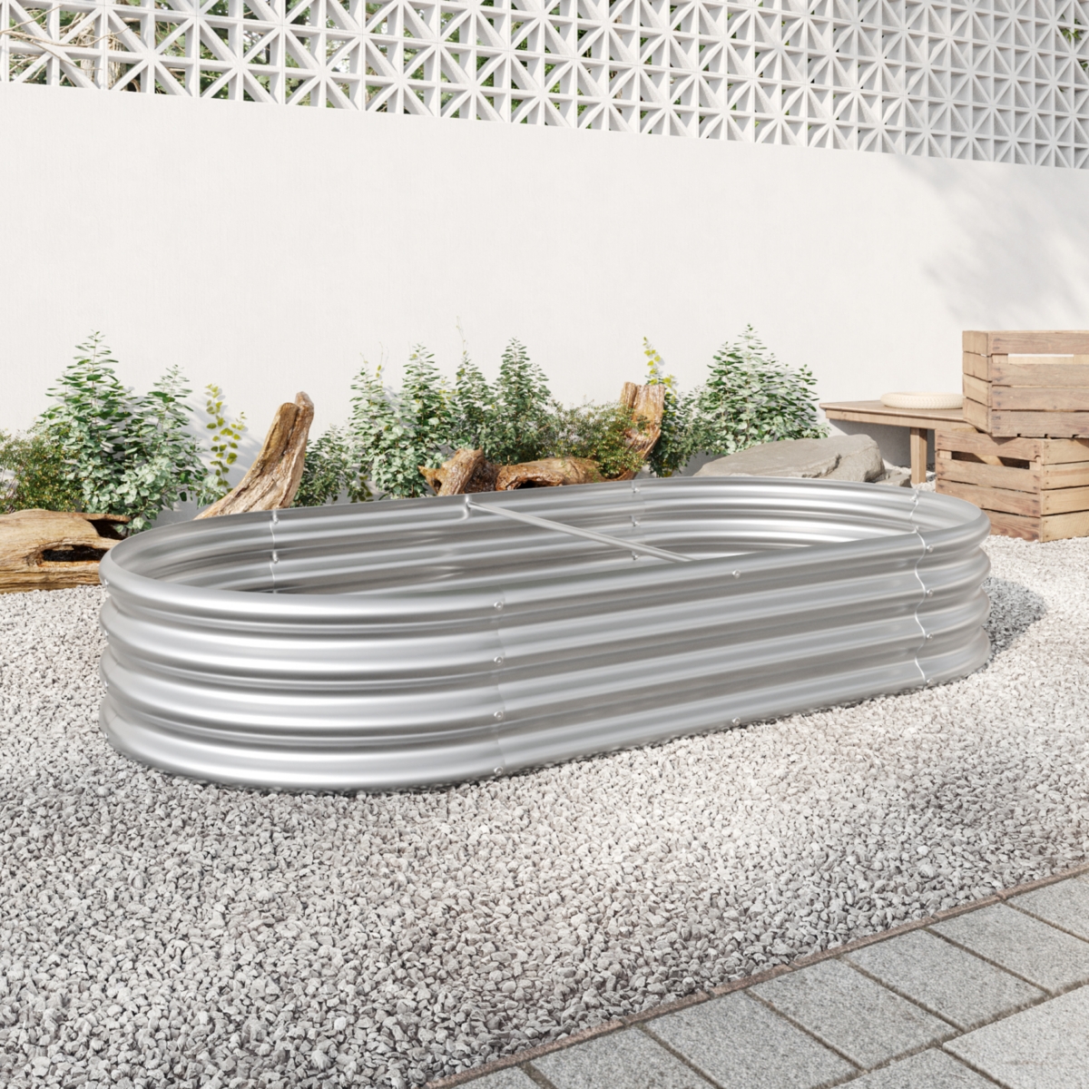 Raised Garden Bed Outdoor, Oval Large Metal Raised Planter Bed for Plants, Vegetables, and Flowers - Silver