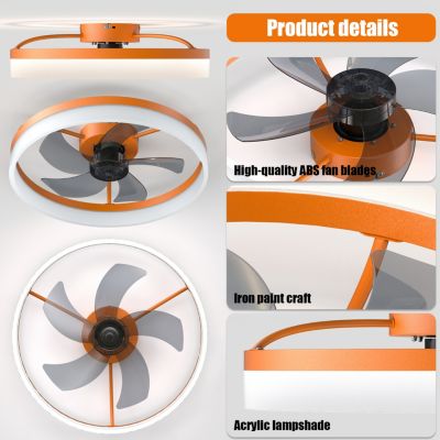19 x 19 x 5 inches Thin Modern Ceiling Fans with Dimmable LED Lights (Orange)