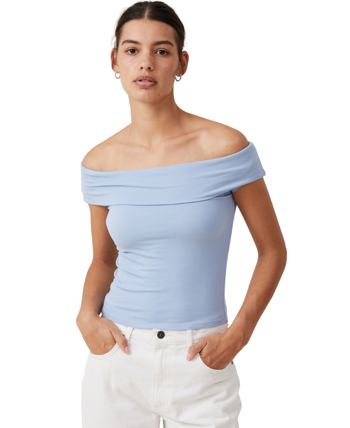 Shop Cotton On Women's Staple Rib Off The Shoulder Short Sleeve Top In Blue