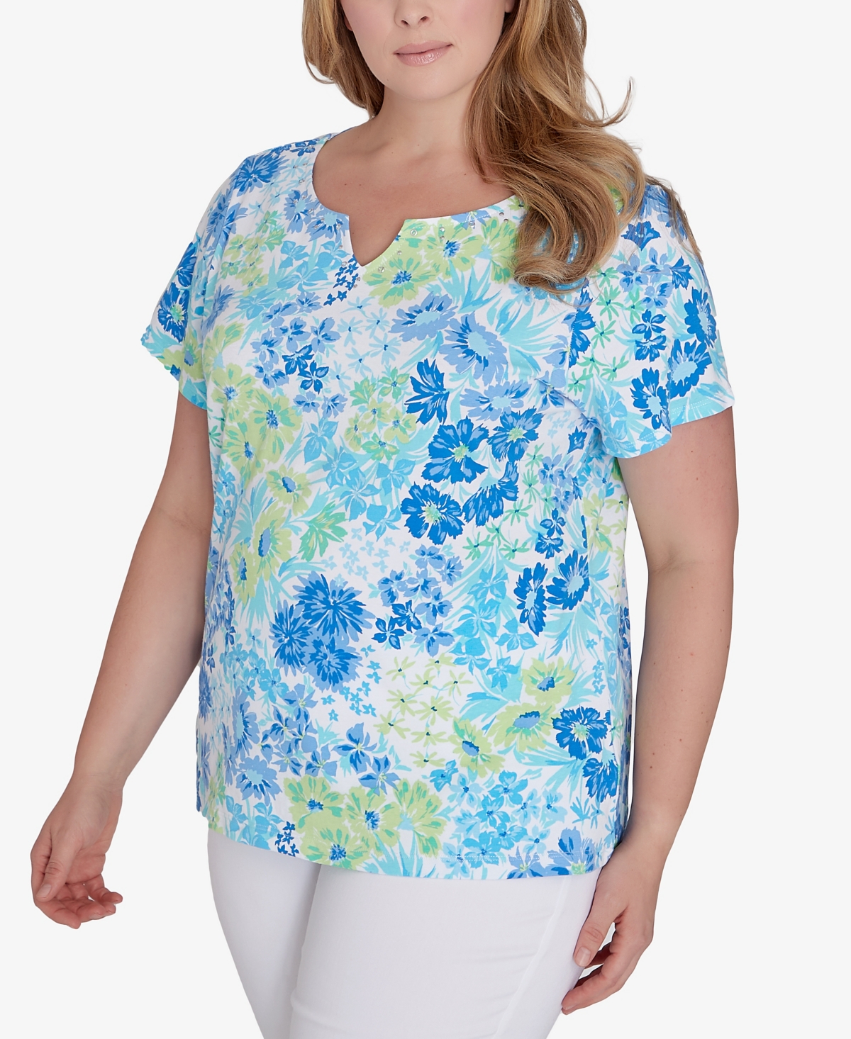 Shop Hearts Of Palm Plus Size Feeling The Lime Short Sleeve Top In Bright Blue Multi