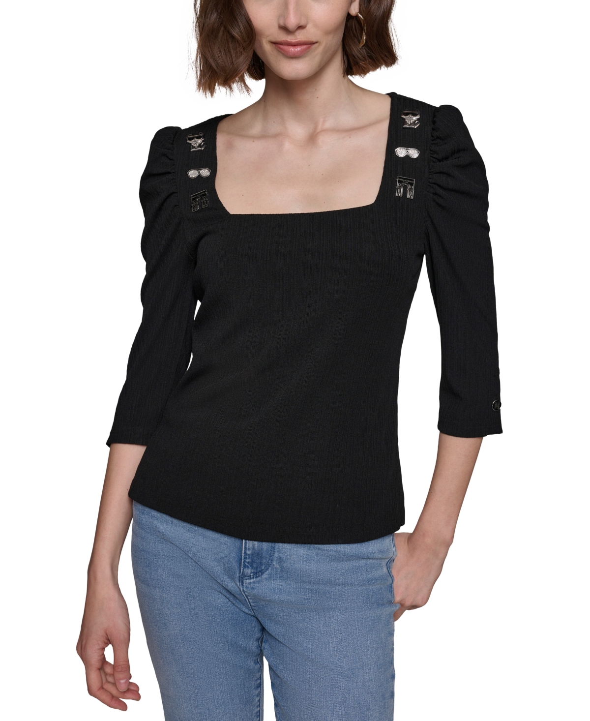Shop Karl Lagerfeld Women's Motif-pin Rib-knit Top In Black