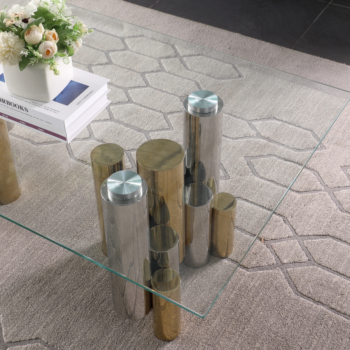 Stainless Steel Rectangular Accent Glass Coffee Table for Living Room- 48" Modern Sleek Center Table with Clear Tempered Glass