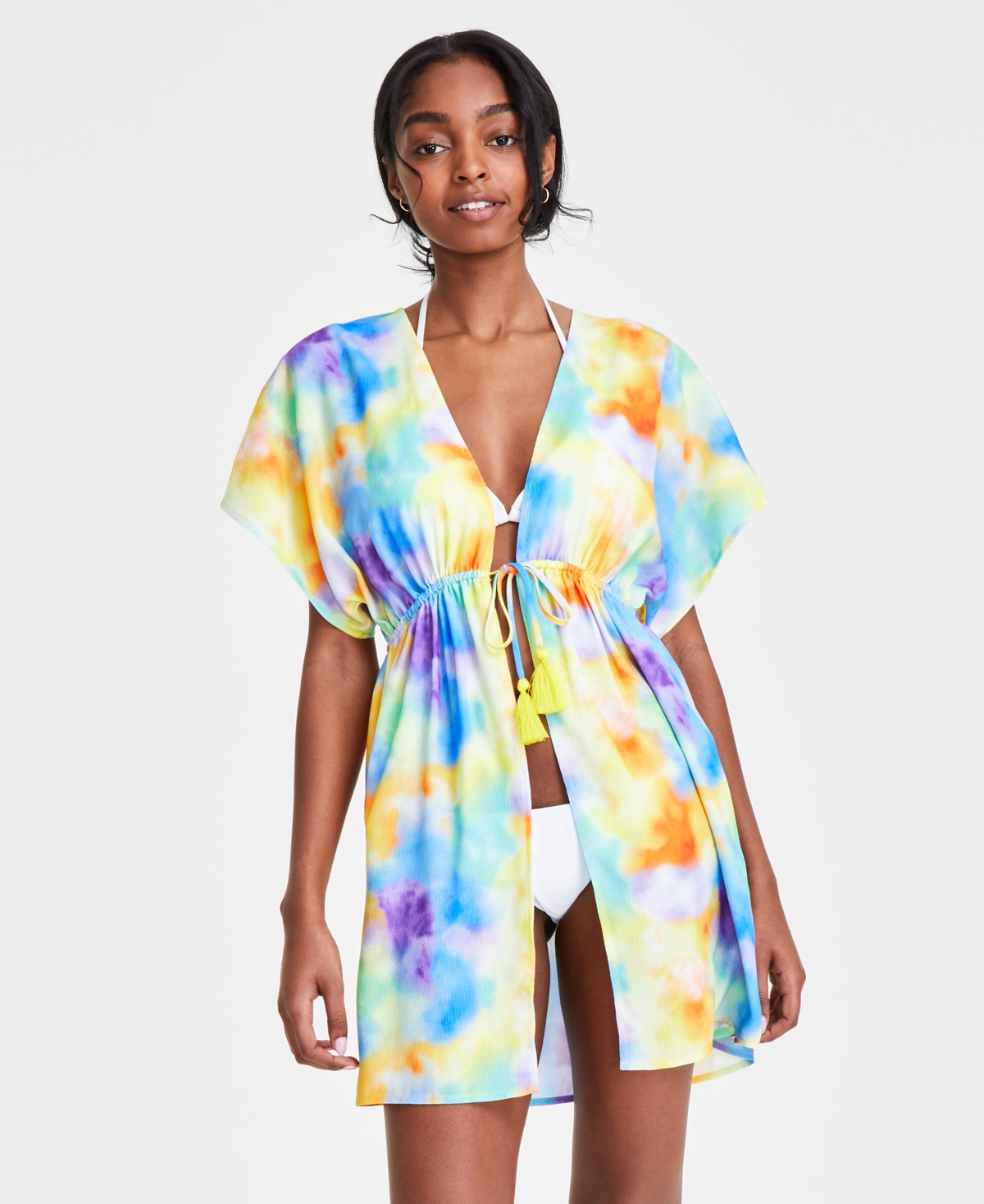 Shop Miken Juniors' Tie-dye Tie-front Short-sleeve Swim Cover-up, Created For Macy's In Tie Dye