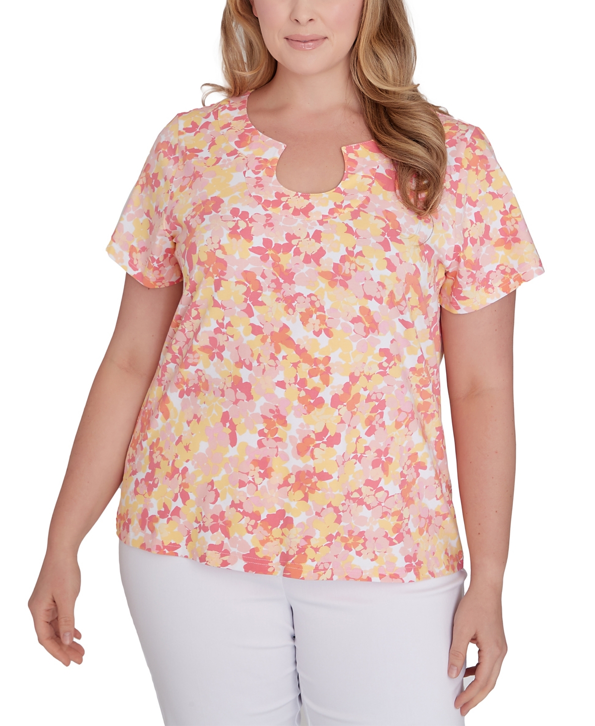 Shop Hearts Of Palm Plus Size Printed Essentials Short Sleeve Top In Coral Multi