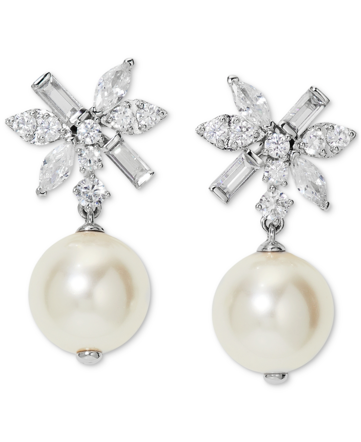 Silver-Tone Mixed Cubic Zirconia Cluster & Imitation Pearl Drop Earrings, Created for Macy's - Rhodium