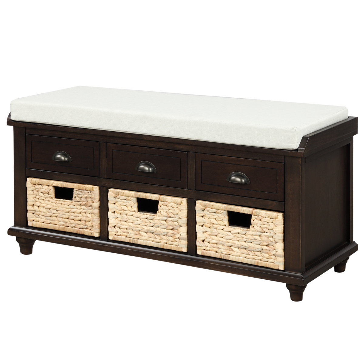 Streamdale Furniture Rustic Storage Bench With 3 Drawers And 3 Rattan Baskets, Shoe Bench For Living Room