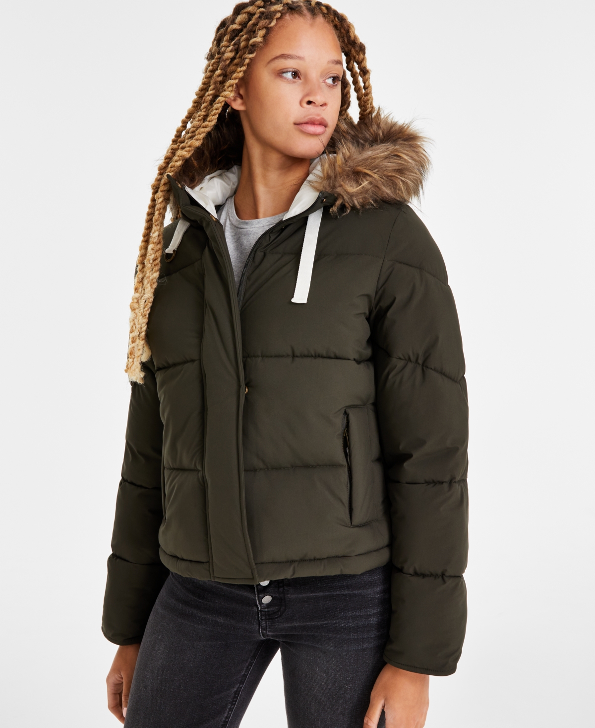 Maralyn & Me Juniors' Faux-Fur-Trim Hooded Puffer Coat