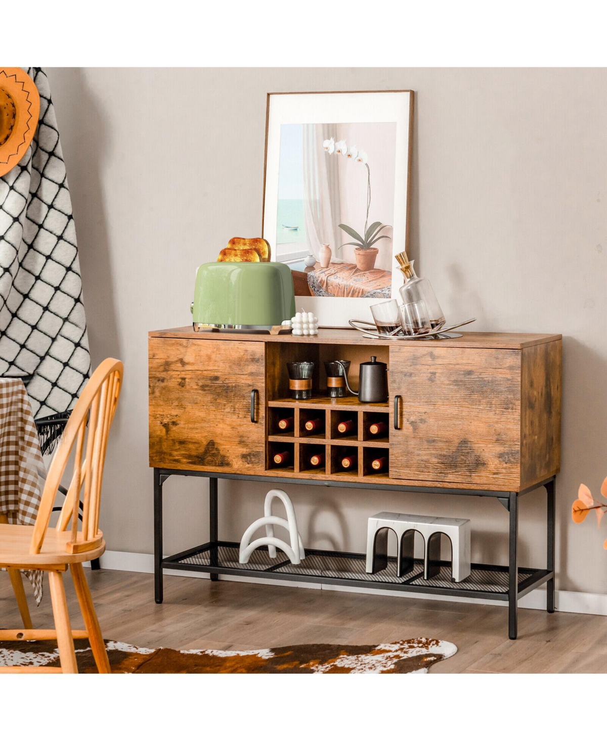 Slickblue Industrial Kitchen Buffet Sideboard with Wine Rack and 2 Doors-Rustic Brown