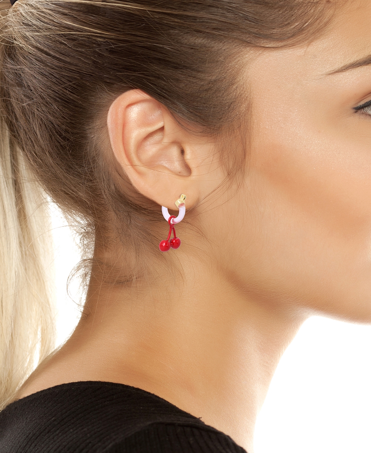 Shop Betsey Johnson Faux Stone Cherry Charm Huggie Earrings In Red
