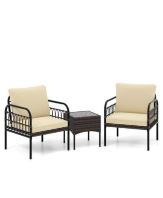 3 Pieces Patio Wicker Conversation Set with Cushions and Tempered Glass Coffee Table-Beige