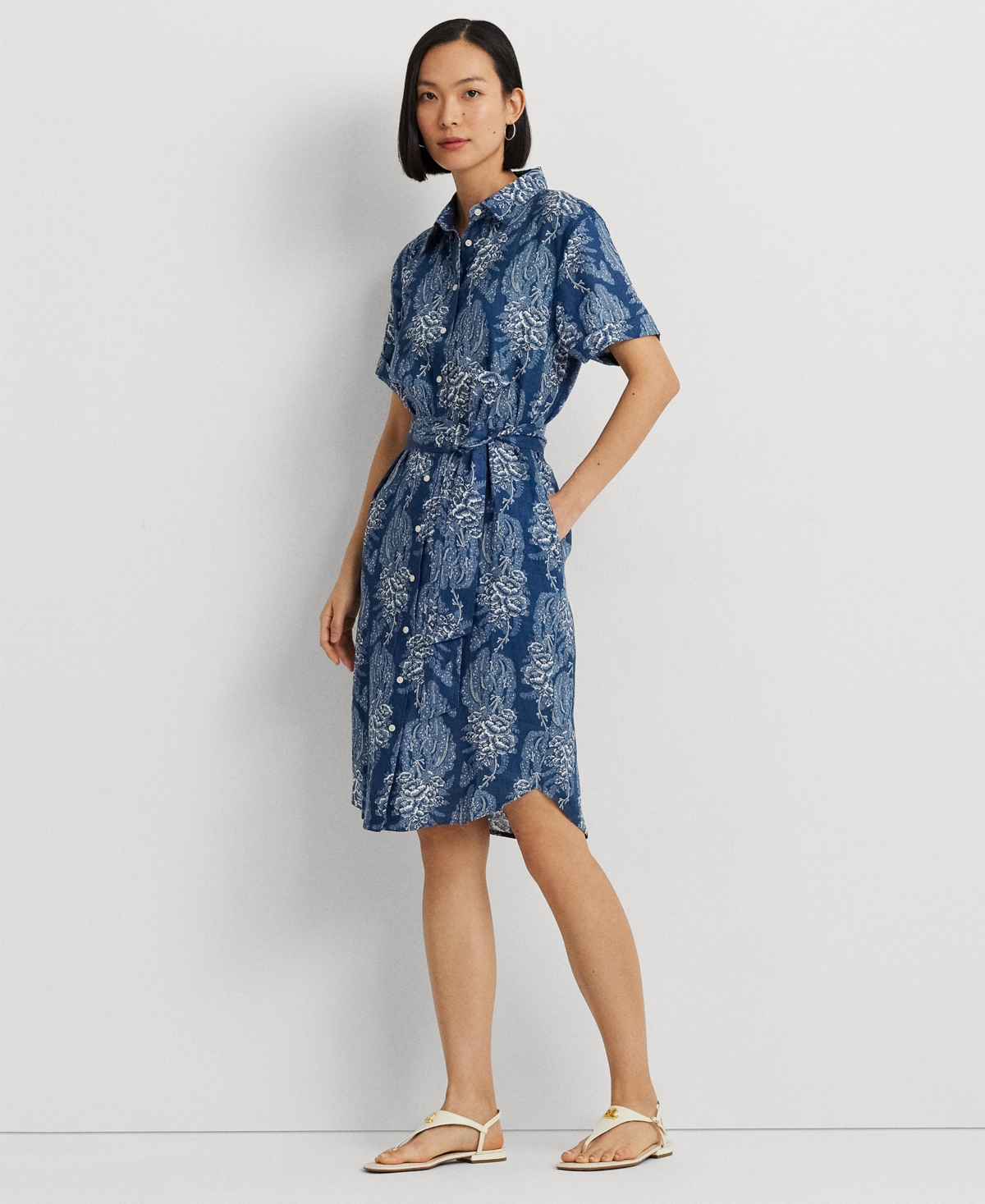Women's Belted Floral Shirt Dress, Regular & Petite - Blue