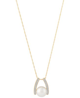 Honora - Cultured Freshwater Pearl (9mm) & Diamond (1/20 ct. t.w.) 18" Pendant Necklace in 14k Gold