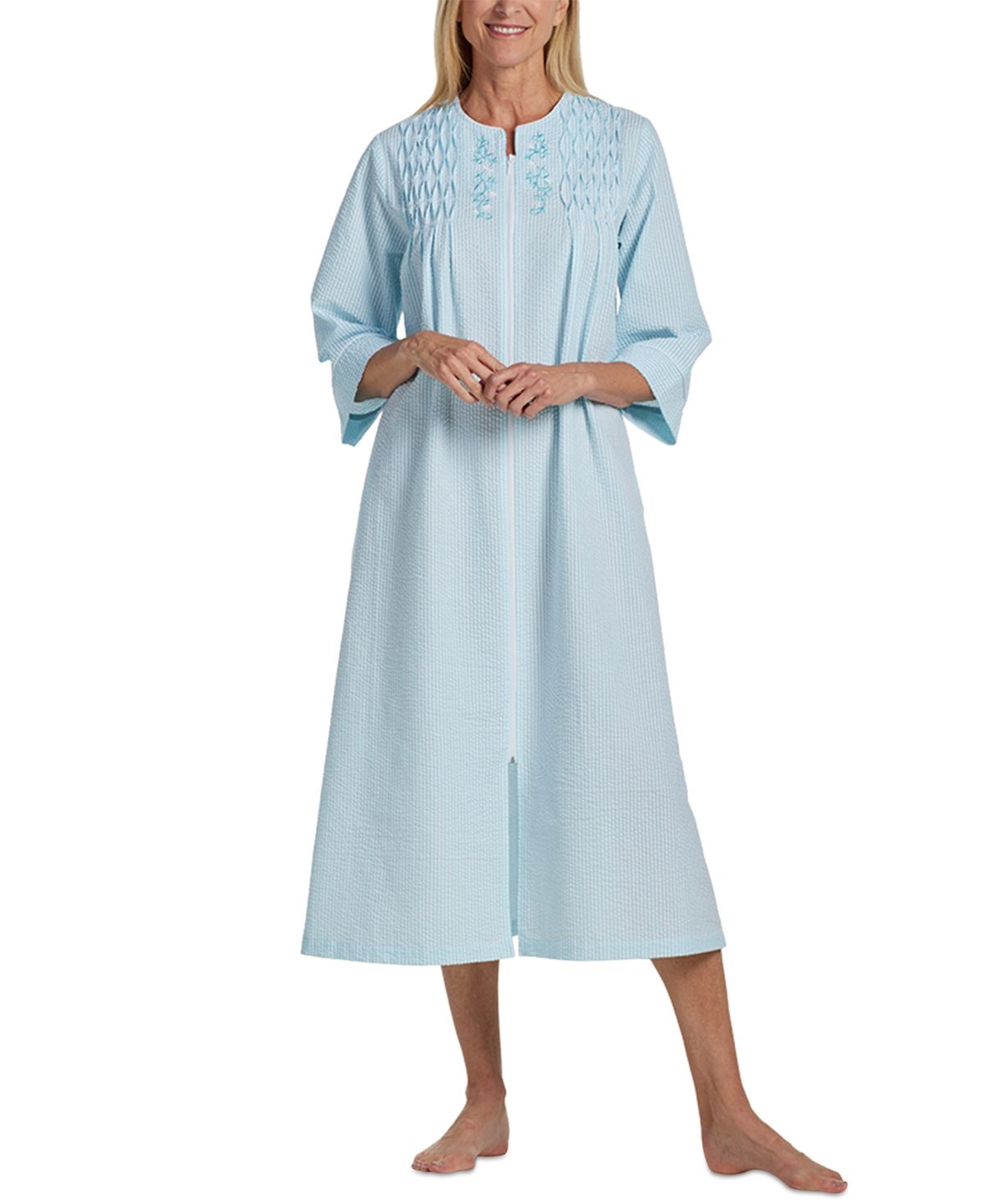 Miss Elaine Women's 3/4-sleeve Zip Seersucker Robe In Turquoise Stripe