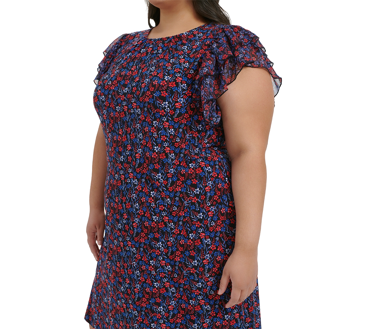 Shop Tommy Hilfiger Plus Size Floral-print Flutter-sleeve Shift Dress In Sk Captn,g