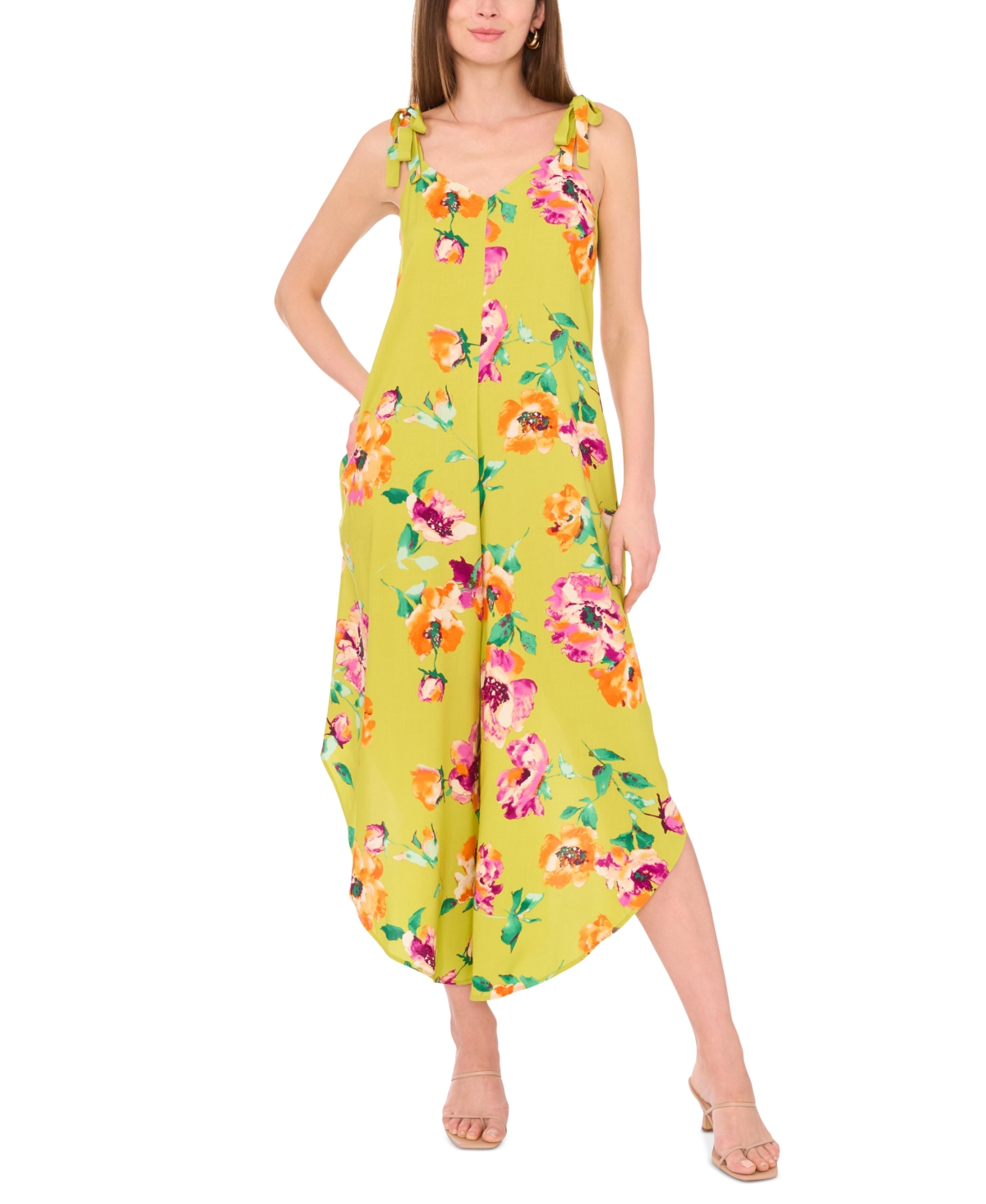 Vince Camuto Women's Floral-print Tie-shoulder Asymmetrical-hem Jumpsuit In Citron Floral
