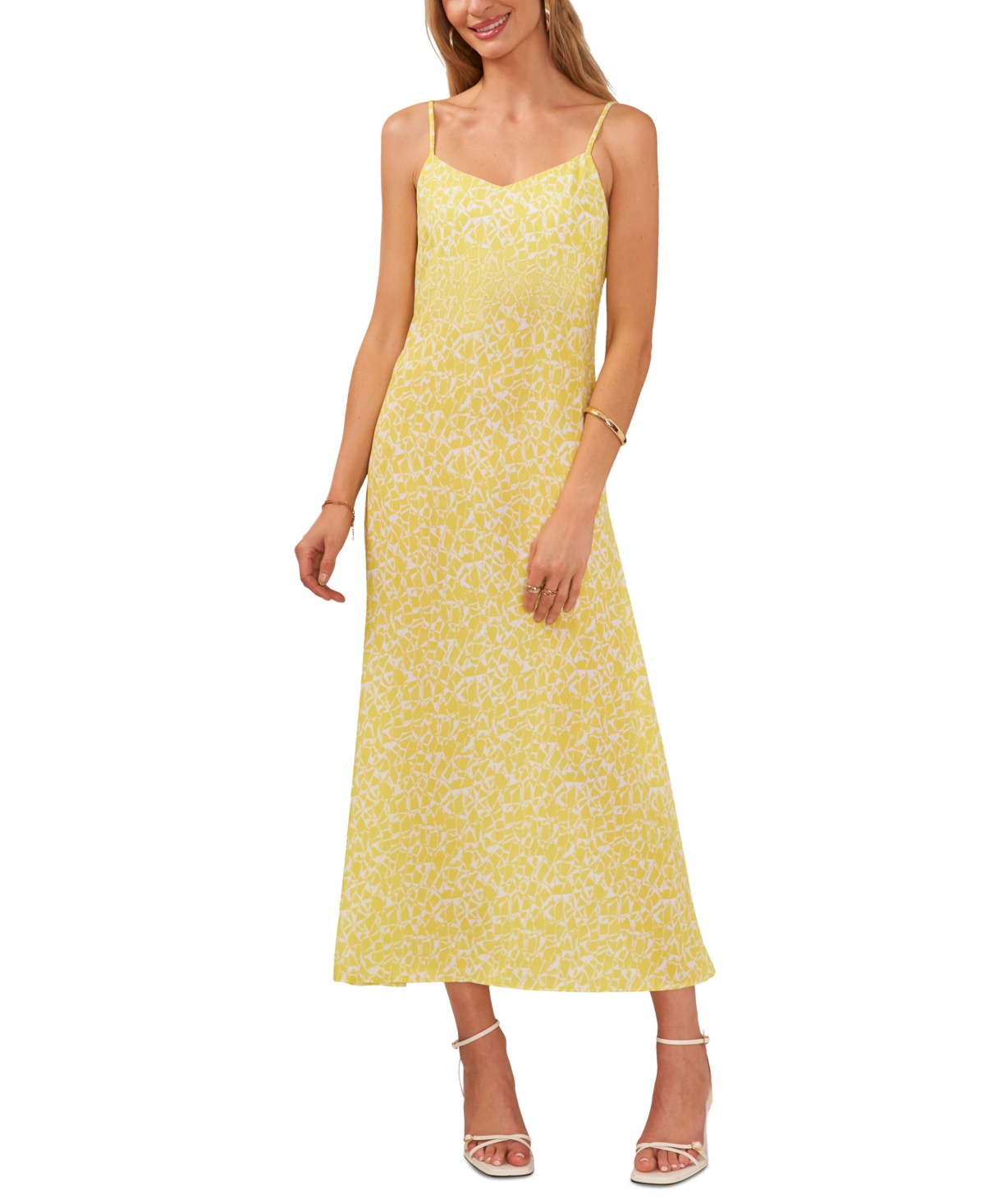 Shop Vince Camuto Women's Printed V-neck Spaghetti-strap Midi Dress In Bright Lemon