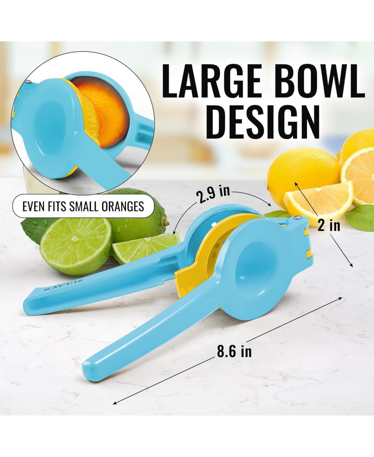 Zulay Kitchen Metal 2-In-1 Lemon Squeezer Manual - Sturdy, Max Extraction Hand Juicer Lemon Squeezer Gets Every Last Drop - Cool blue  yellow