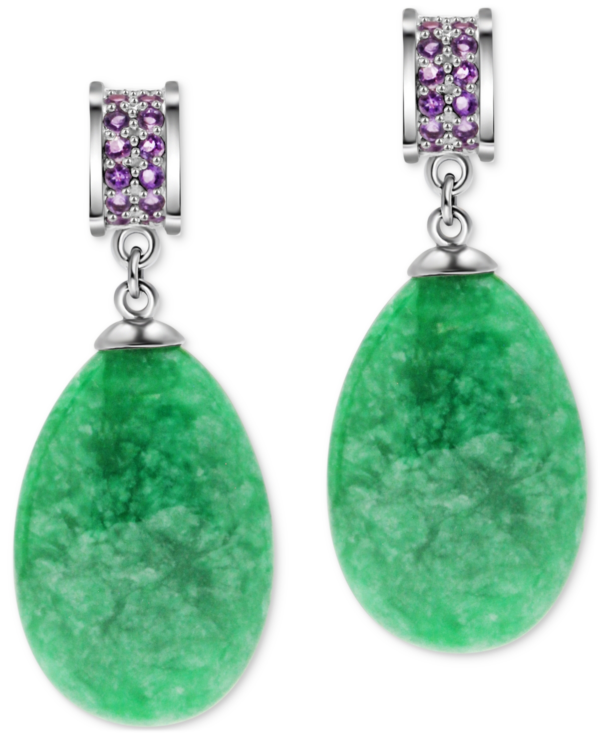 Shop Macy's Dyed Green Jade & Amethyst (1/4 Ct. T.w.) Briolette Dangle Hoop Drop Earrings In Sterling Silver