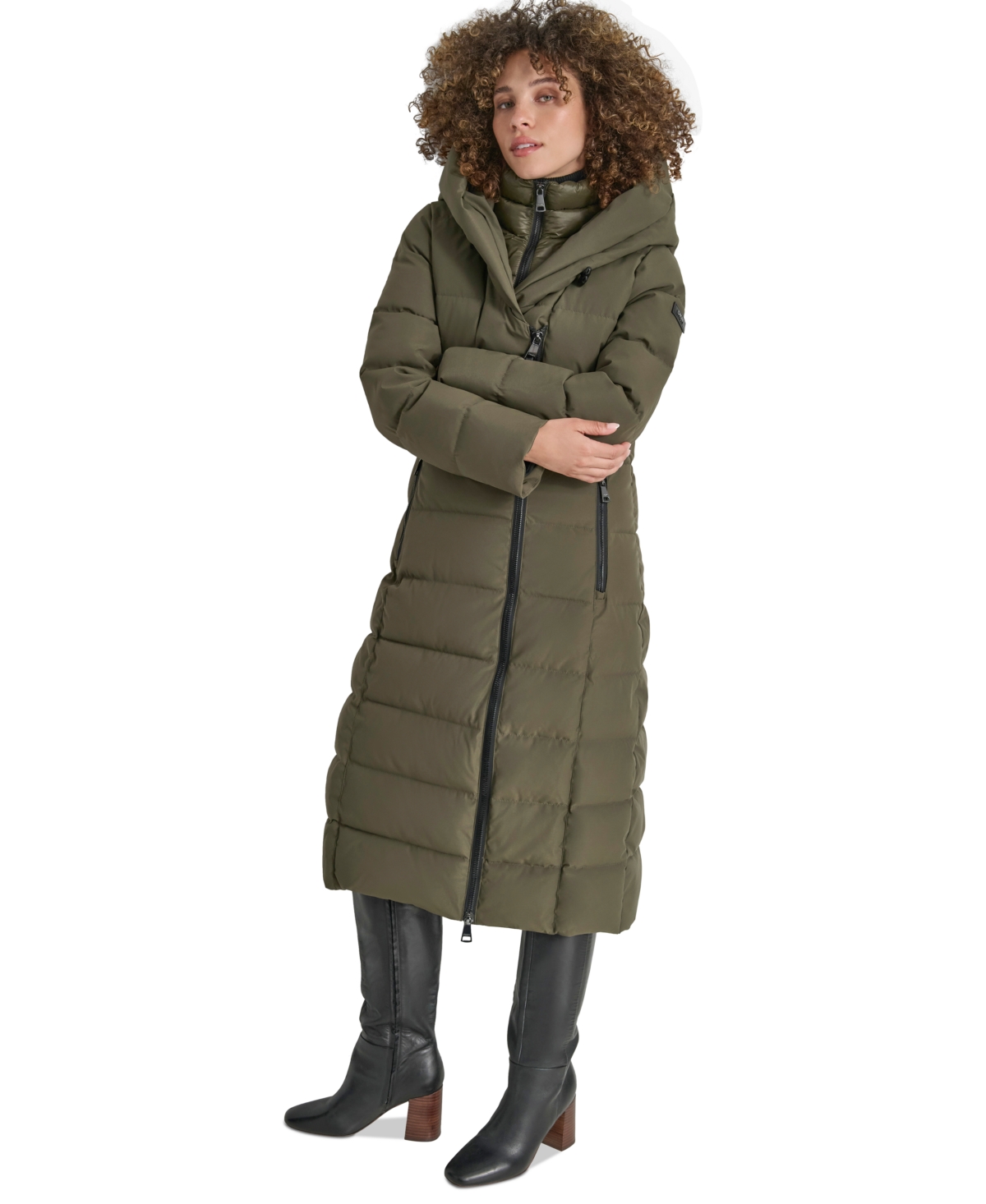 Dkny Women's Bibbed Shawl Collar Hooded Puffer Coat In Loden