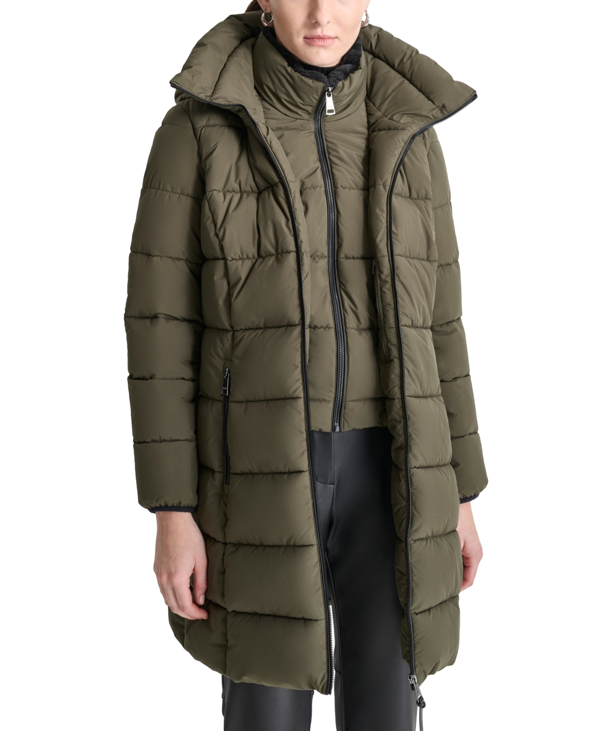 Dkny Women's Bibbed Hooded Zip-front Puffer Coat In Loden