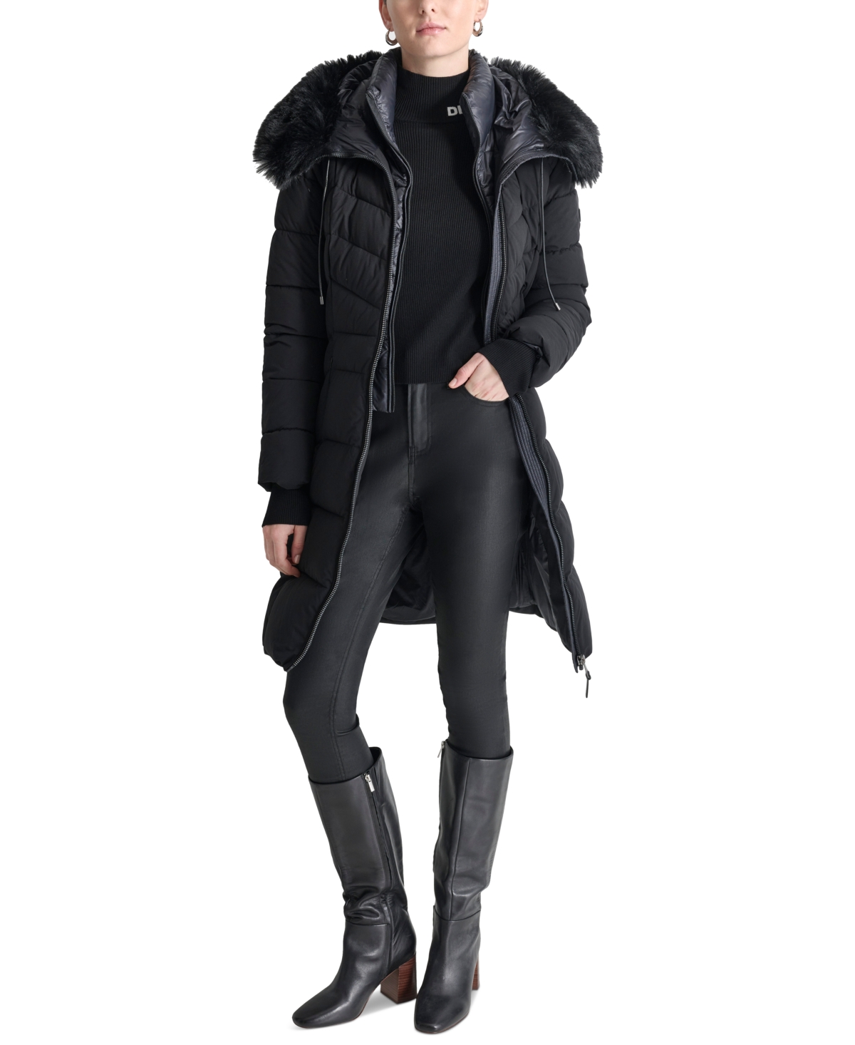 Women's Bibbed Faux-Fur-Trim Hooded Puffer Coat - Black