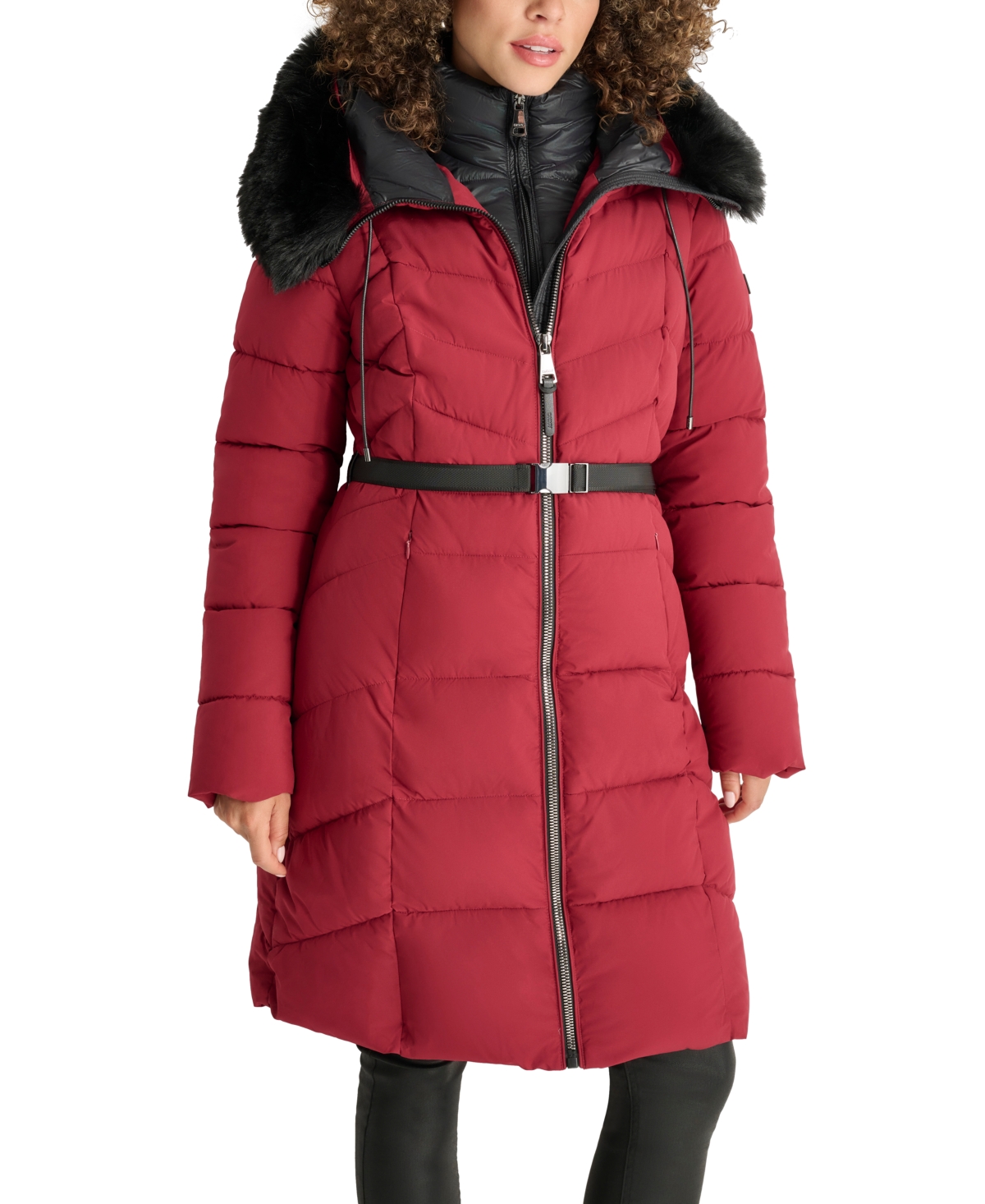 Women's Bibbed Faux-Fur-Trim Hooded Puffer Coat - Black