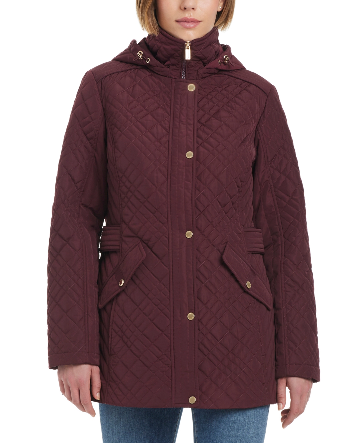 Jones New York Plus Size Hooded Stand-collar Quilted Coat In Ruby Port