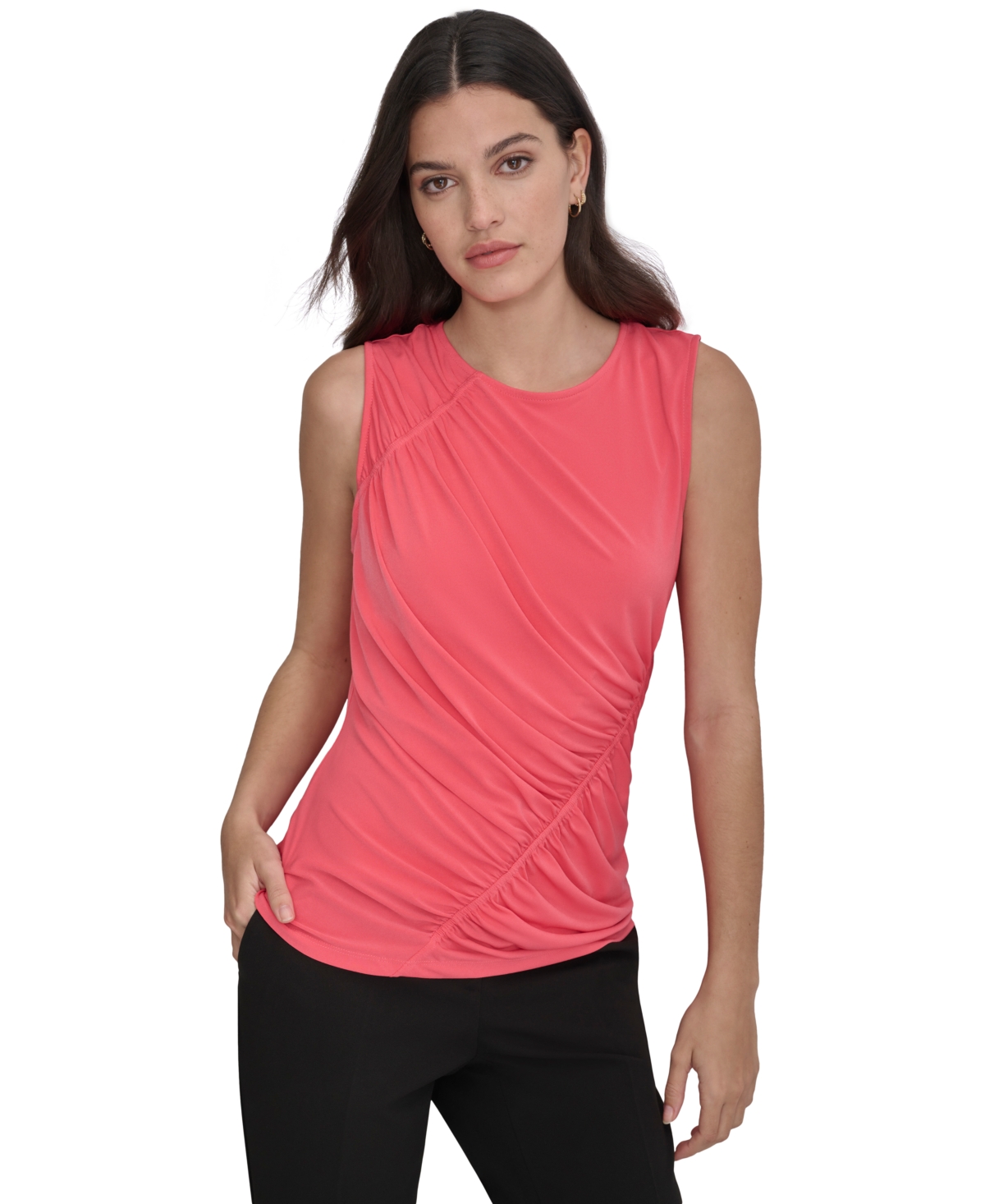 Shop Dkny Women's Crewneck Sleeveless Side-ruched Knit Top In Beach Cor