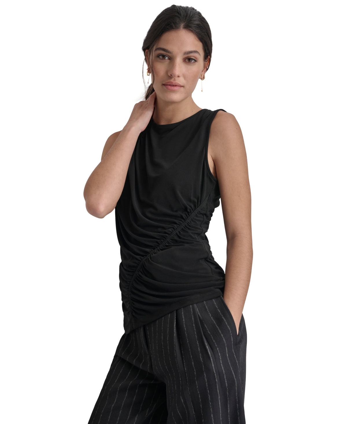 Shop Dkny Women's Crewneck Sleeveless Side-ruched Knit Top In Black