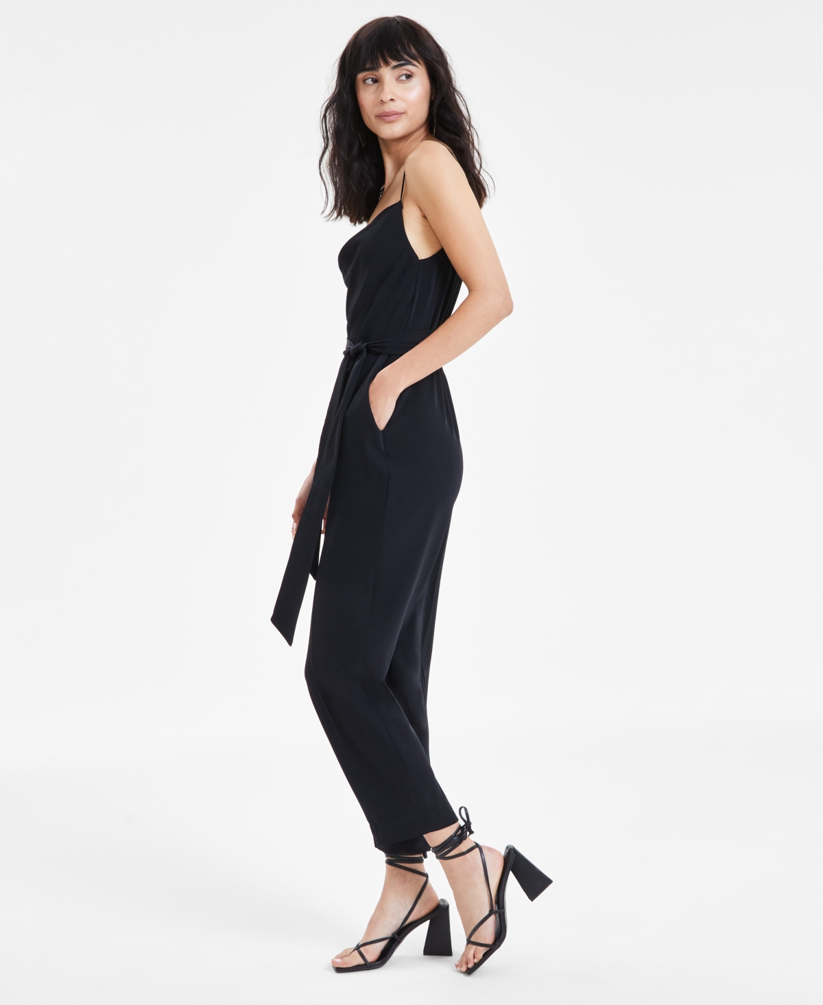 Shop Bar Iii Women's Belted Cowl Neck Jumpsuit, Created For Macy's In Black