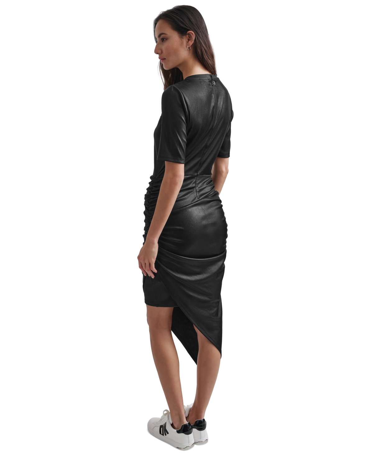 Shop Dkny Women's Mesh-yoke Foil Rib-knit Asymmetric-hem Dress In Black