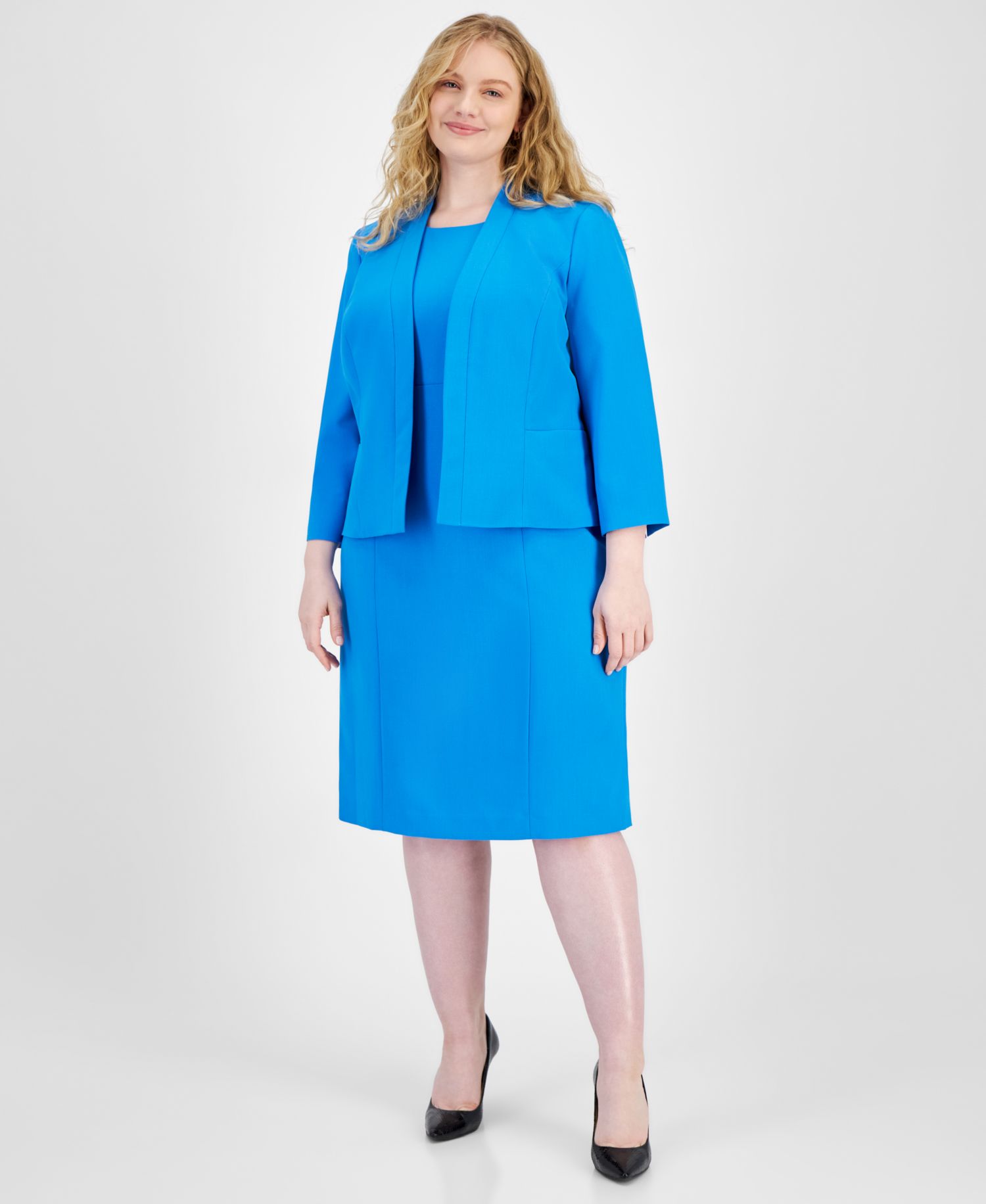 Plus Size Crepe Open Front Jacket and Crewneck Sheath 2 Piece Dress Suit