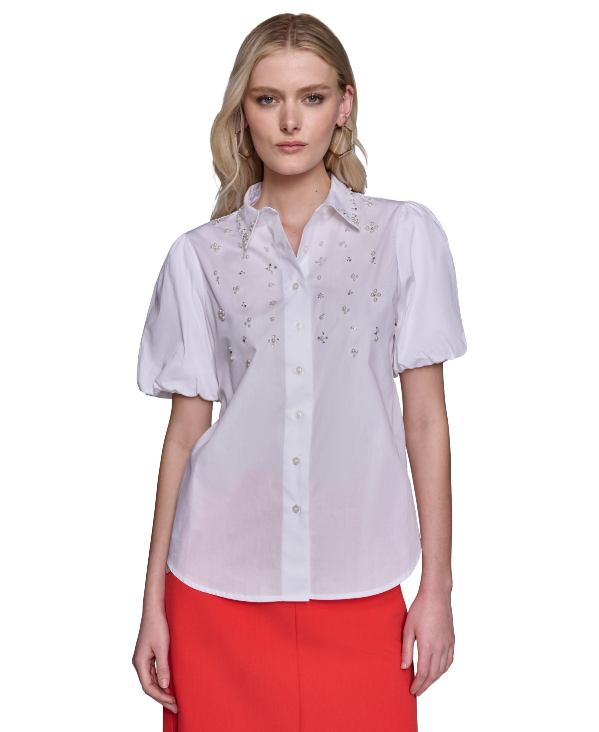 Karl Lagerfeld Women's Embellished Cotton Crinkle Top In Soft White