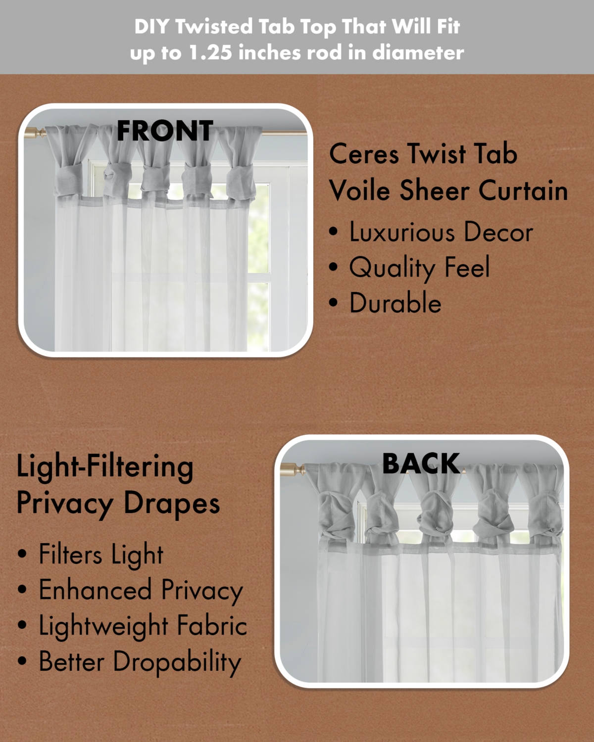 Madison Park Ceres Twist Tab Voile Sheer Window Curtain Pair, 50