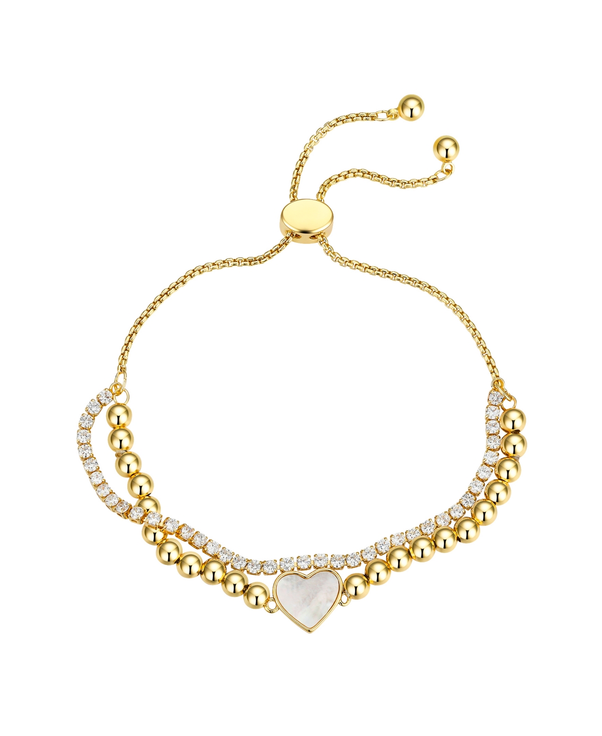 Shop Unwritten Cubic Zirconia Mother Of Pearl Heart Beaded Double Strand Bolo Bracelet In Gold