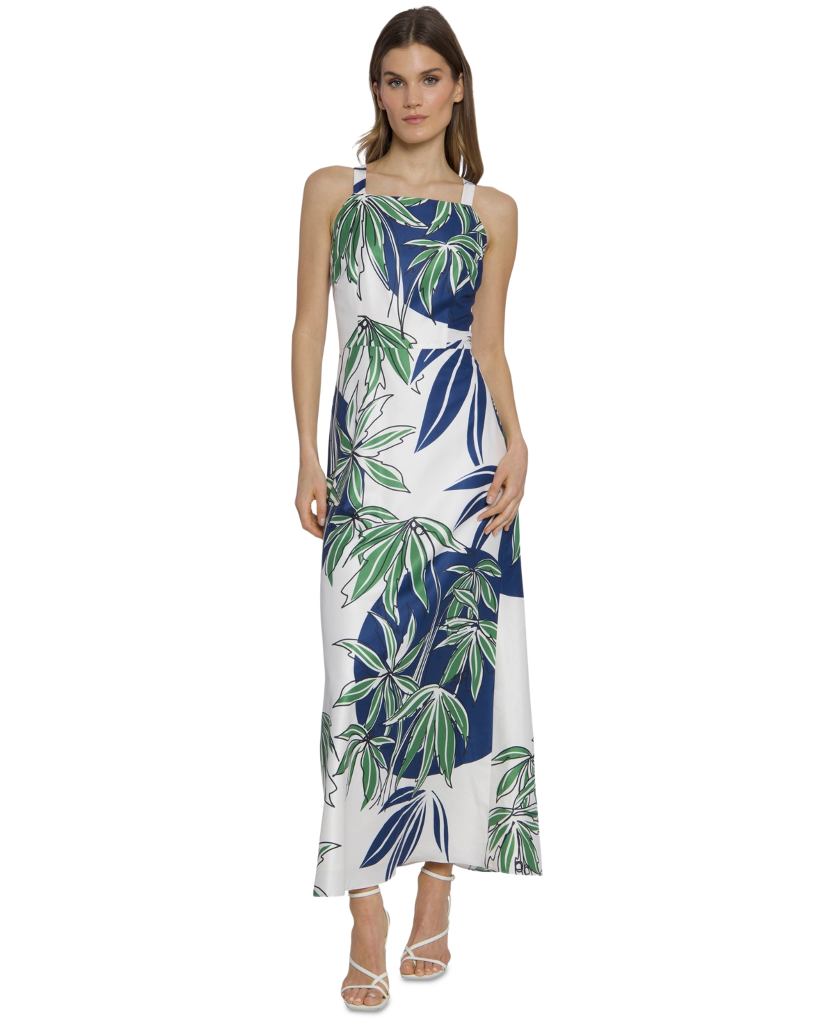 Women's Palm-Print Square-Neck Maxi Dress - Cream/navy