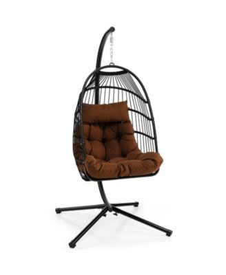 Patio Hanging Egg Chair with Stand Waterproof Cover and Folding Basket