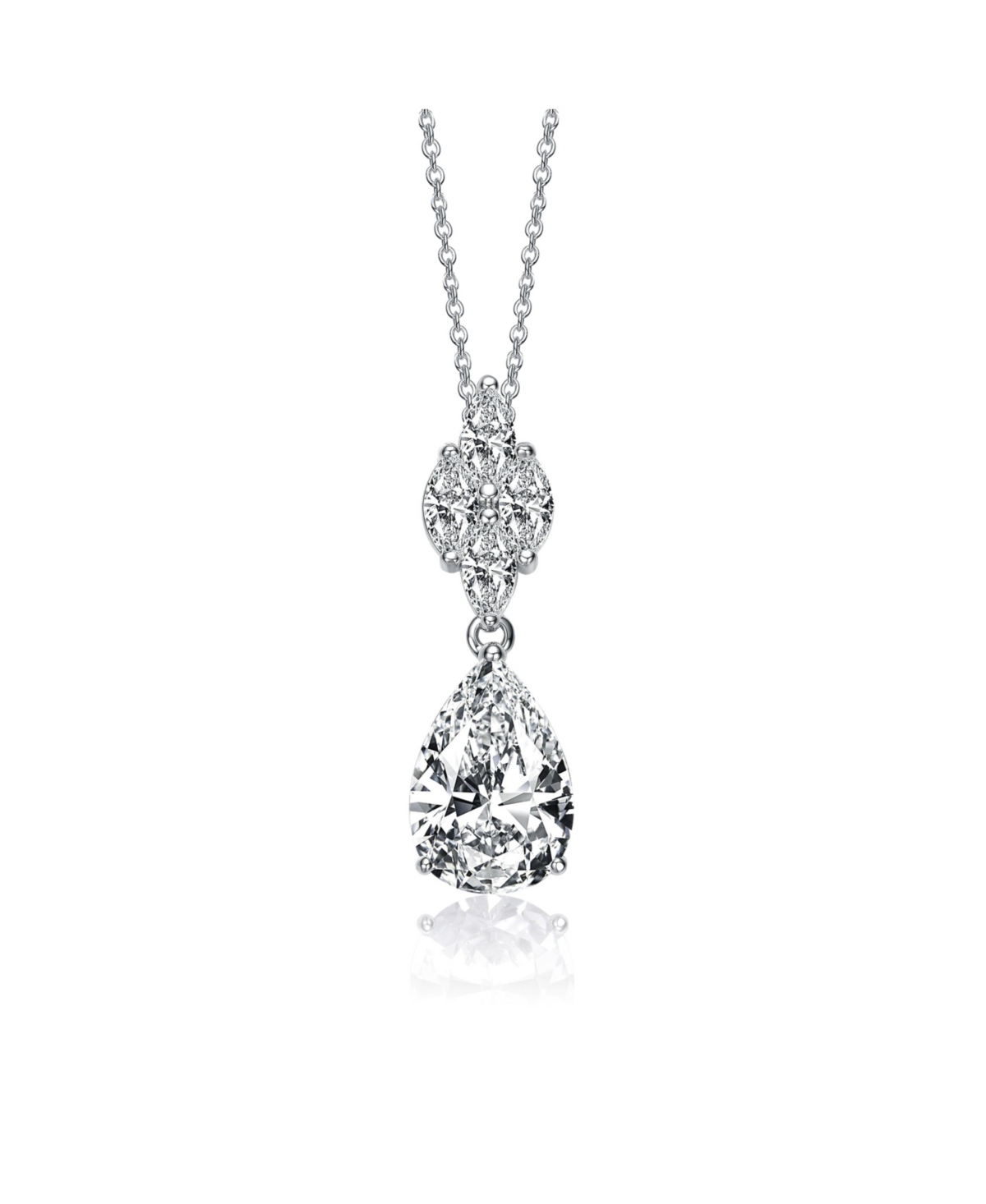 Sterling Silver with White Gold Plated Clear Pear with Marquise Cubic Zirconia Cluster Accent Drop Necklace - Silver