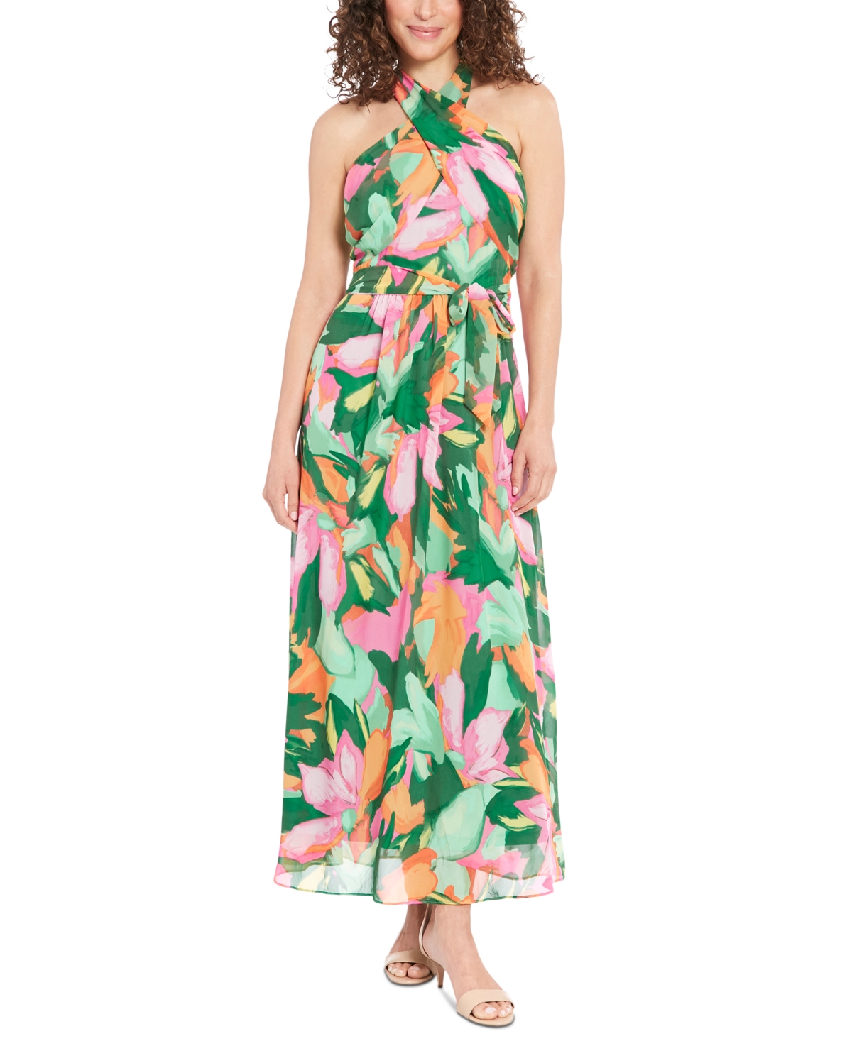London Times Women's Floral-Print Wrap-Neck Tie-Front Halter Maxi Dress -green
