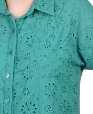 Petite Short Sleeve Eyelet Knit Back Blouse