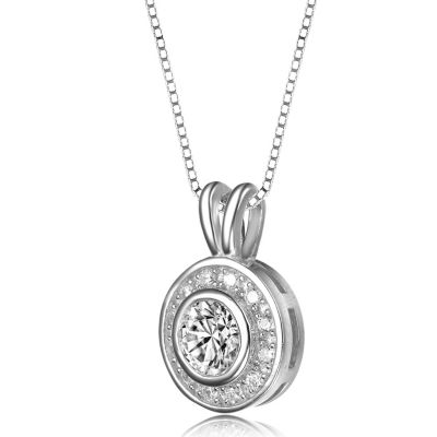 Modern Sterling Silver with Cubic Zirconia Round Bezel Pendant
