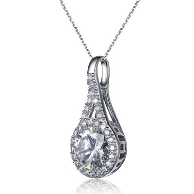 Sterling Silver with Haloed Clear Round Cubic Zirconia Solitaire with a Split Bail Necklace