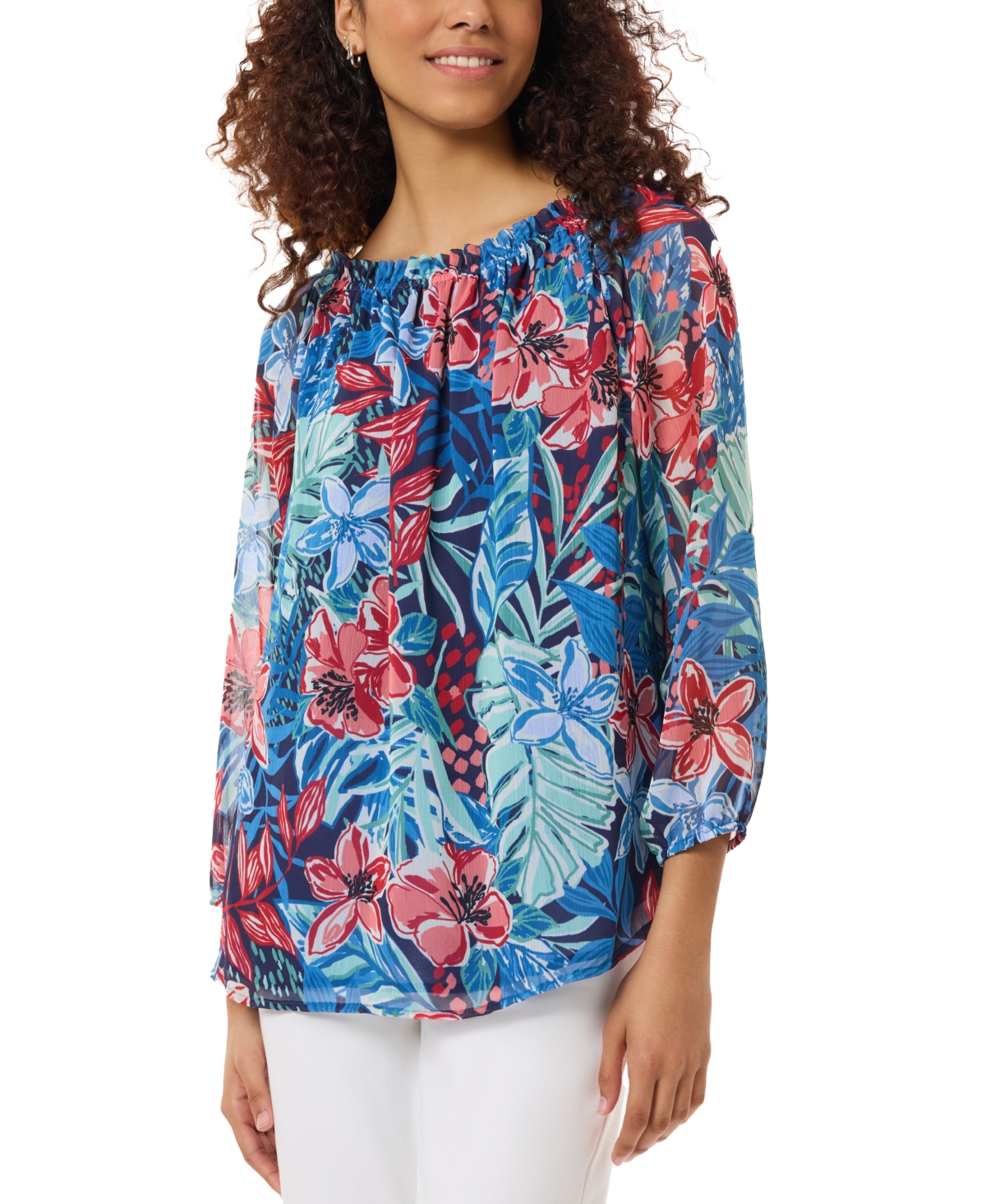 Petite Smocked-Neck Floral-Print Top - Pacific Navy
