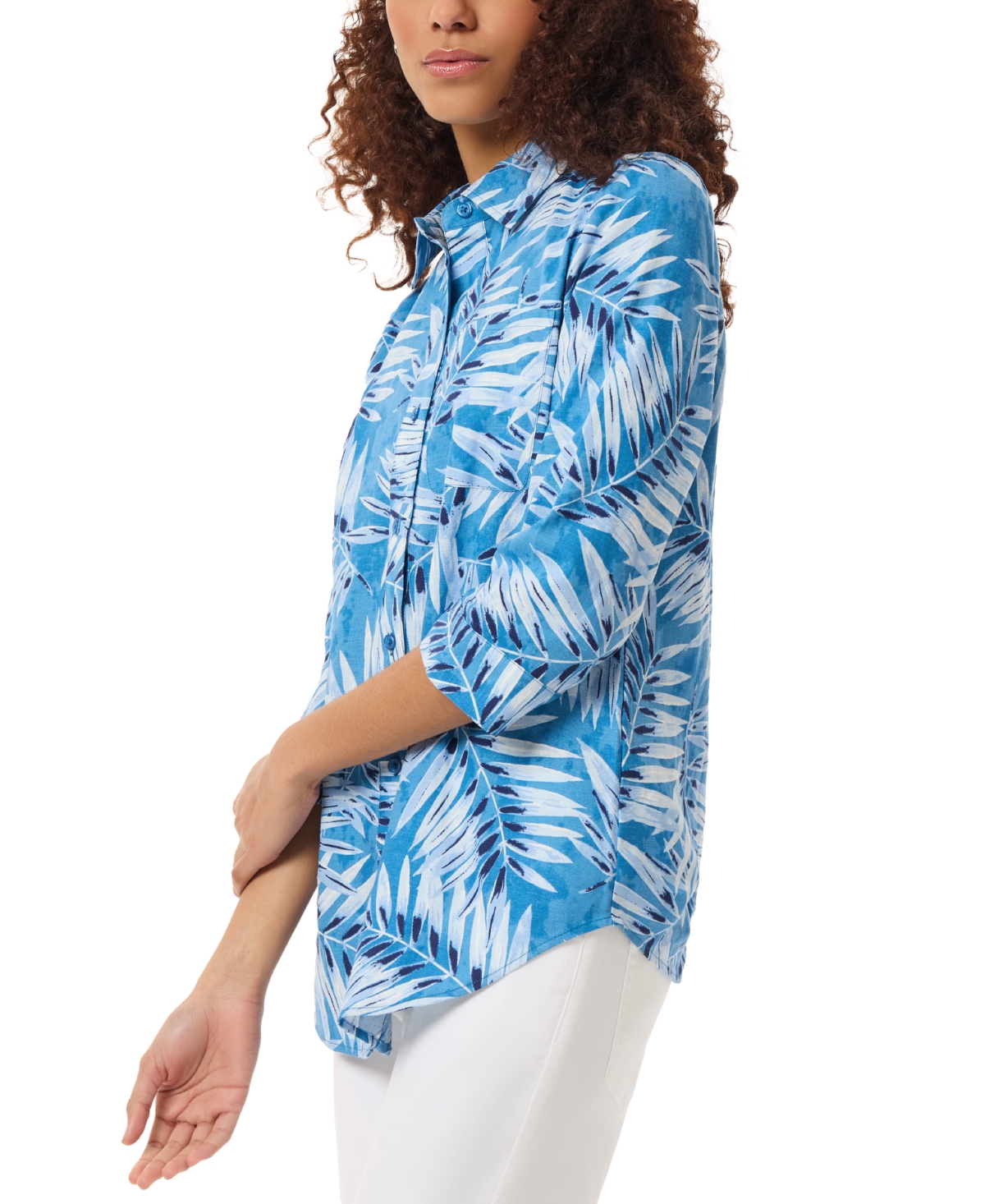 Shop Jones New York Petite Linen Leaf-print 3/4-sleeve Button Front Shirt In Blue Lagoon