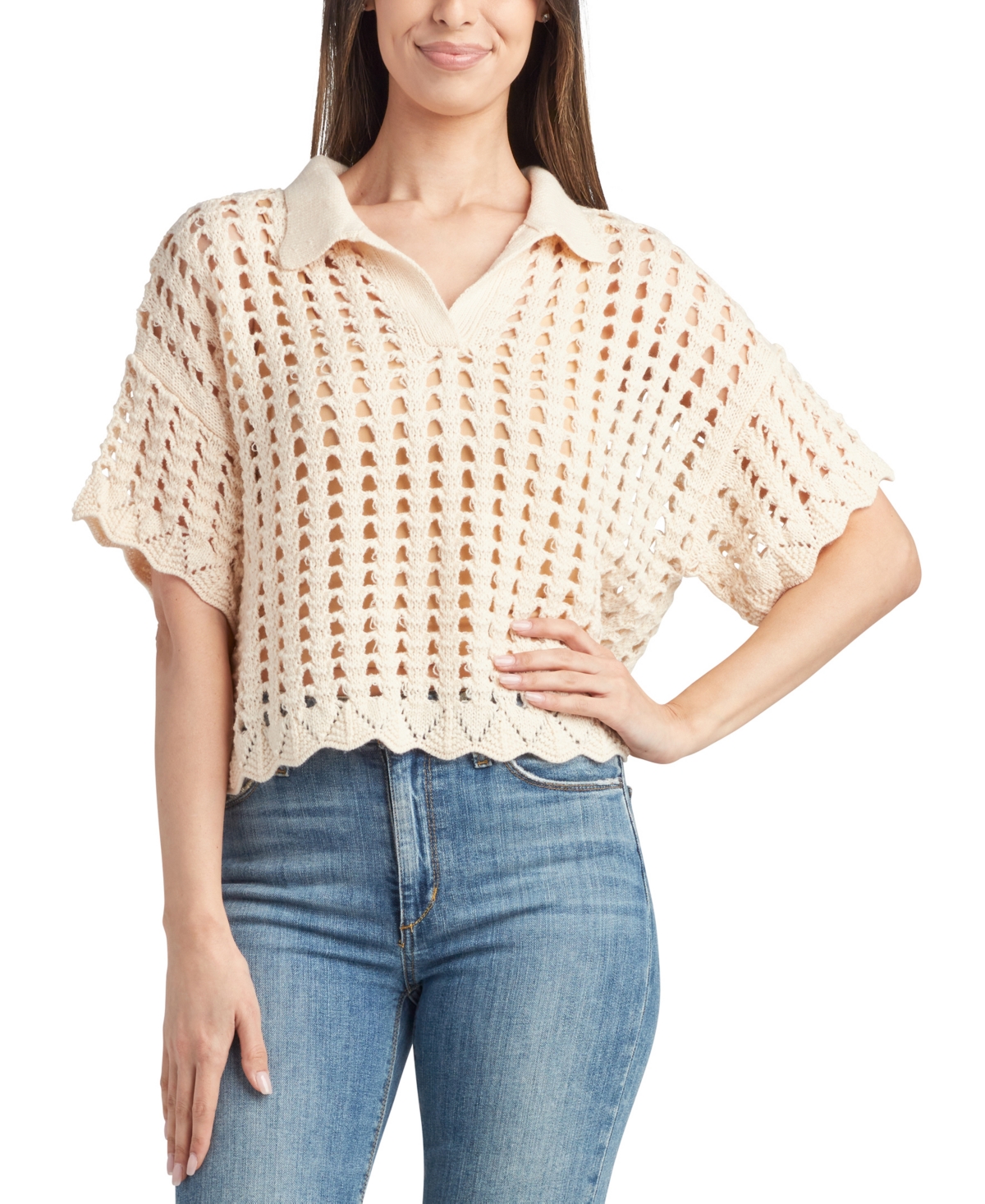 Juniors' Collared Crocheted Short-Sleeve Polo Sweater - Natural