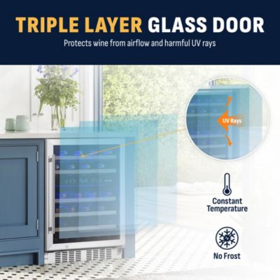 24 inch 46 Bottle Wine Cooler Refrigerator, Built-in Recessed Kickplate, Dual Zone Wine Fridge in Stainless Steel