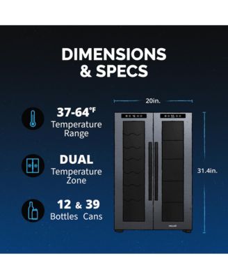 Shadow Series Wine Cooler Refrigerator 12 Bottle & 39 Can Dual Temperature Zones, Freestanding Mirrored Wine and Beverage Fridge with Double-Layer Tempered Glass Door & Compressor Cooling
